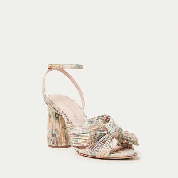 Loeffler Randall Camellia Pleated Bow Heels Ankle Strap Cream Floral 5.5 - Picture 2 of 13